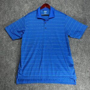 adidas Golf Polo Shirt Mens Large Blue Stripe Short Sleeve Split Hem Logo
